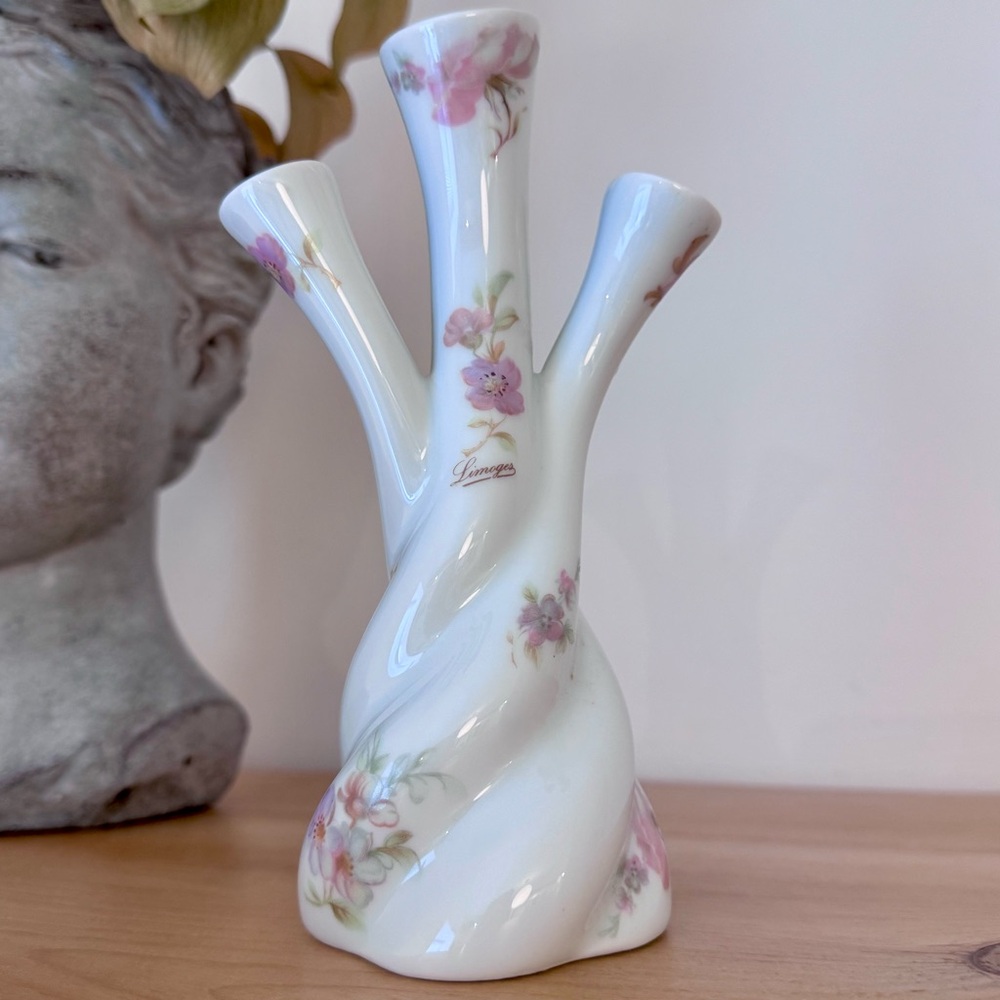 Vtg LIMOGES FRANCE TRIPLE BUD VASE